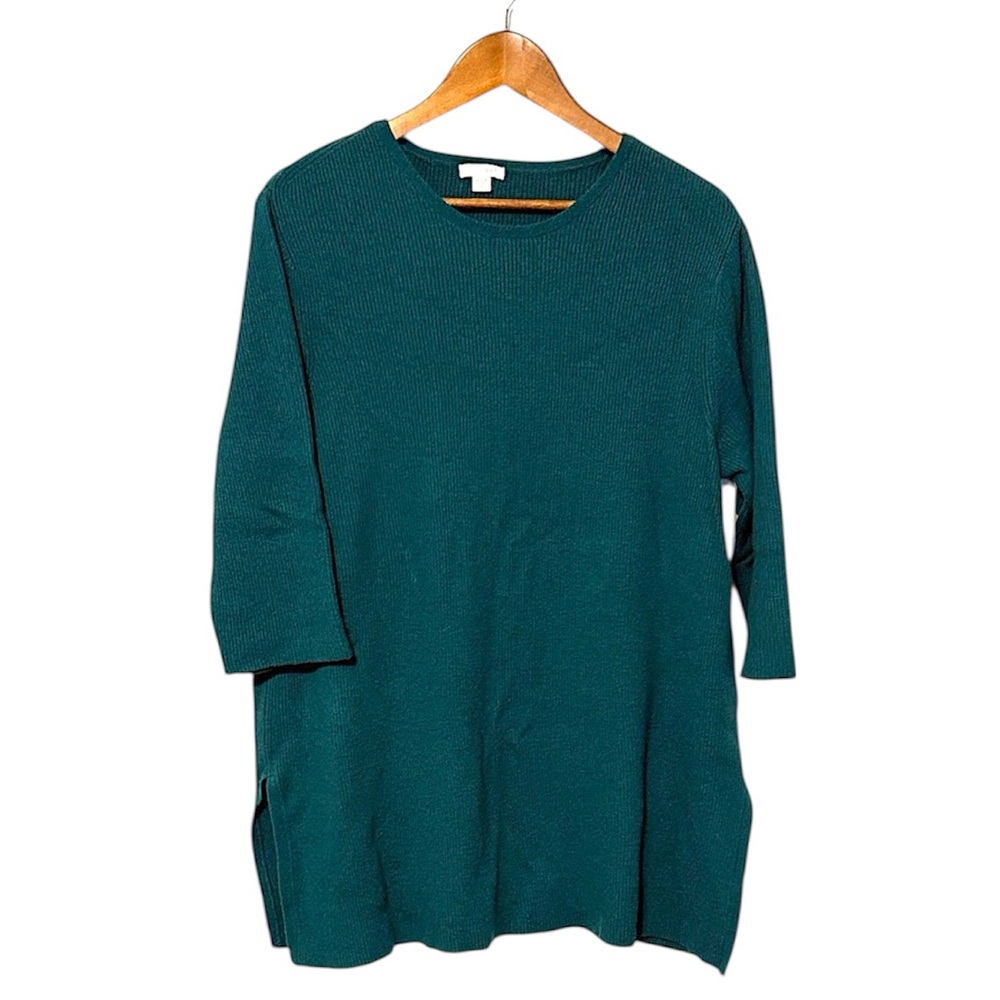 J. Jill Pullover Tunic Sweater Wool Blend Knit 3/4 Sleeve Jewel Emerald Green